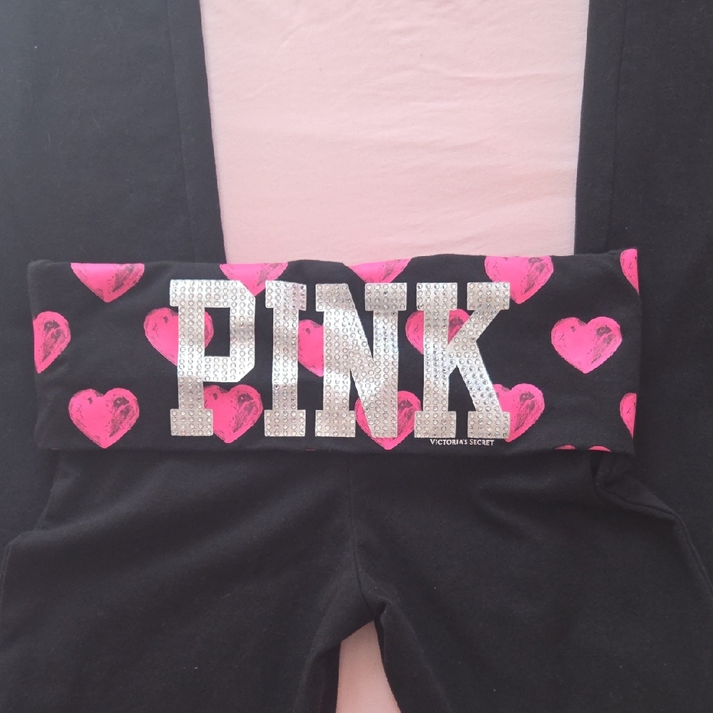 PINK Rhinestone Logo Waistband Leggings - Black & Hot Pink Hearts Wide Leg